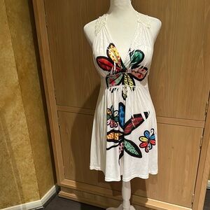 White Beaded Dress with Colorful Butterfly Design